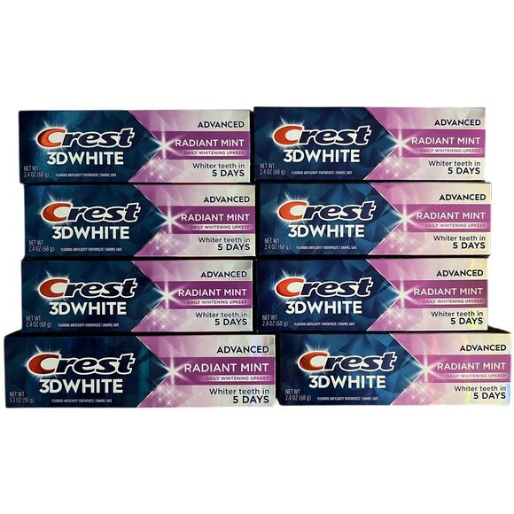 Lot 8 Crest 3D White Toothpaste Radiant Mint 2.4oz/3.3oz, Exp: 3/27,4/27 - Picture 2 of 4